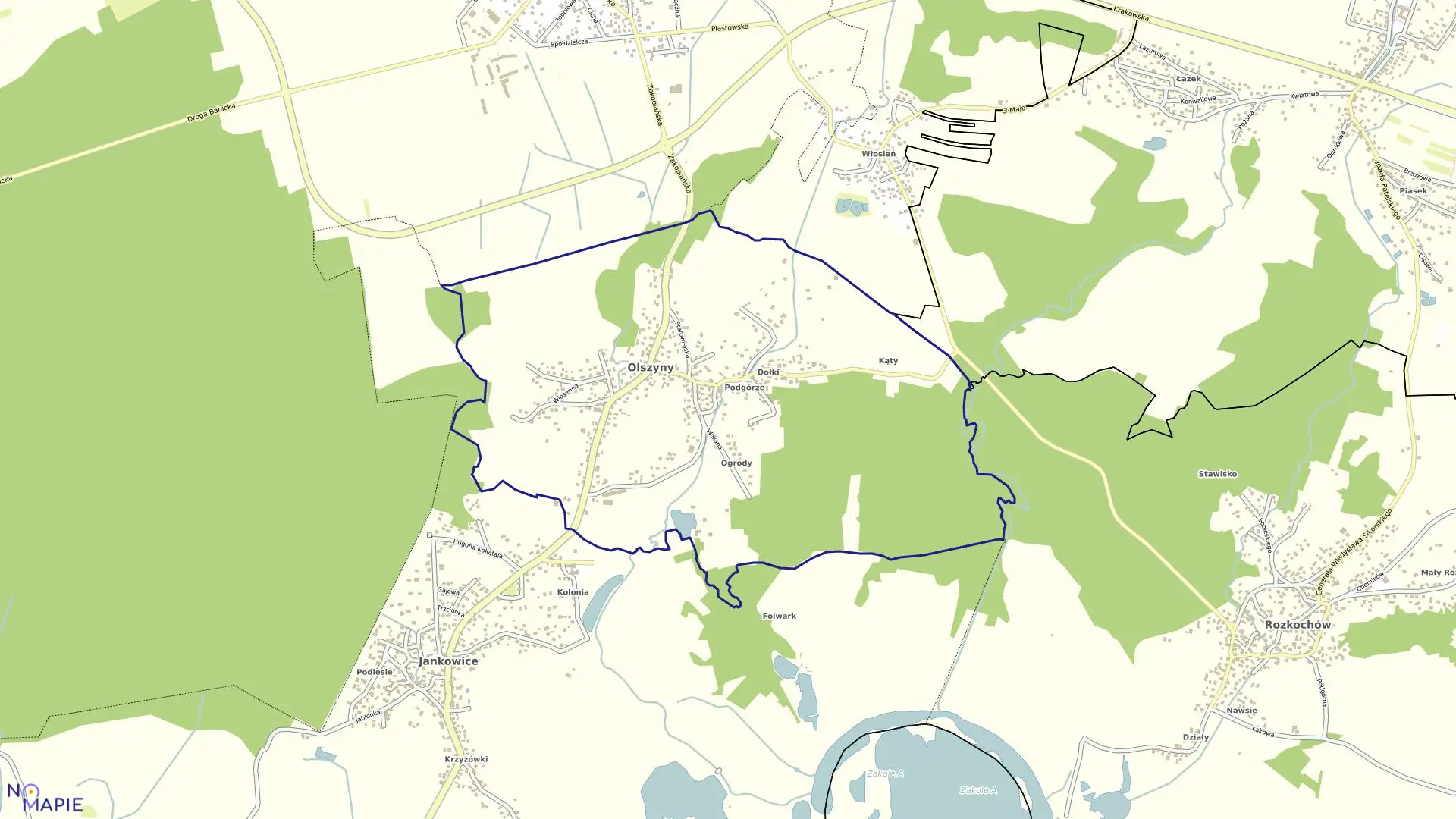 Mapa obrębu Olszyny w gminie Babice