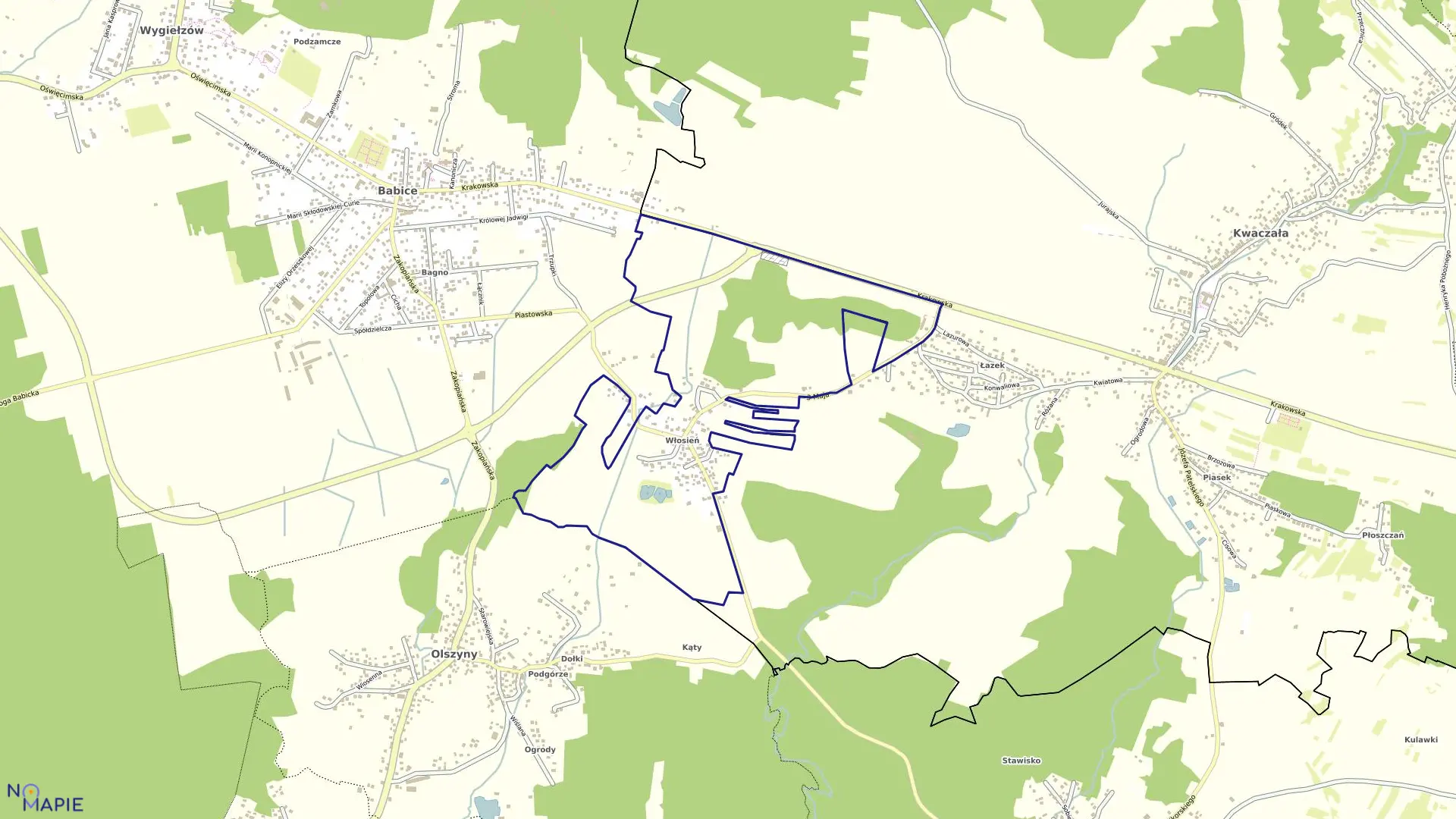 Mapa obrębu Włosień w gminie Babice